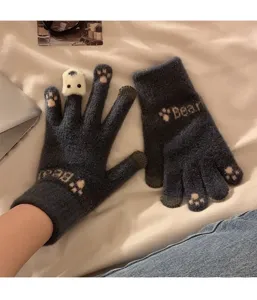 Guantes de invierno cálidos de punto táctil para mujer con lindo diseño de oso y pata.