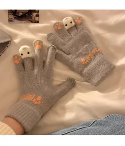 Guantes de punto de felpa de invierno para mujer con pantalla táctil, diseño cálido.