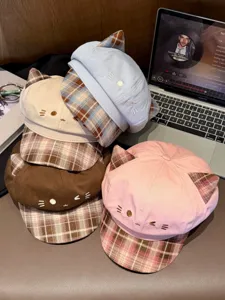 Joli béret à motif carreaux oreilles de chat femme style doux casquette respirante