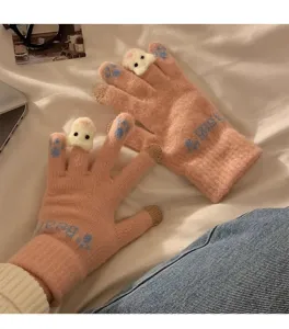 Guantes táctiles de punto rosa bonitos con patas de felpa, guantes de invierno cálidos gruesos.