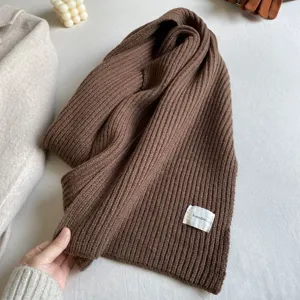 Solid Color Knitted Scarf Women Autumn Winter Thickened Warm Woolen Neck Warmer Fashion