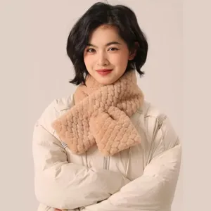 Women Winter Warm Thickened Faux Fur Cross Scarf Solid Color Ripple Animal Pattern Neck Warmer Fashion Plush Muffler