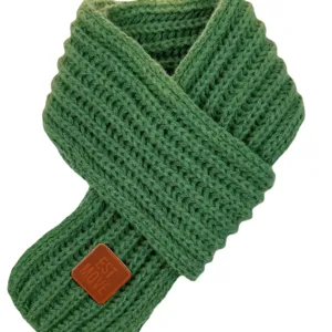 Kids green knitted winter warm scarf with leather label stylish cozy children neck warmer