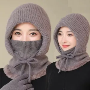 Women Winter Thickened Knitted Warm Hat Scarf Mask Integrated Windproof Cycling Beanie