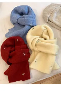 Winter warm knitted scarf with cute floral embroidery, soft cozy women fashion neck wrap.