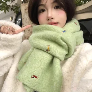 Korean Style Cute Dachshund Embroidery Polyester Knit Scarf Women Autumn Winter Warm Soft Neck Warmer Fashion Muffler