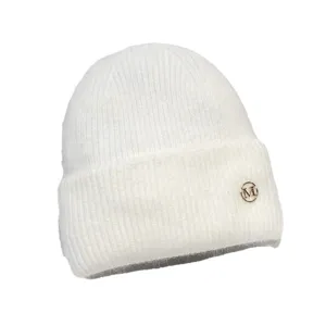 Women white knit winter beanie plush thick warm cap with metal logo decoration cozy
