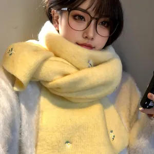 Yellow knitted winter scarf for women with cute floral embroidery, warm neckerchief shawl