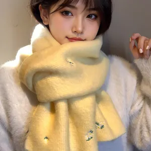 Yellow knitted winter scarf for women with cute floral embroidery warm neckerchief