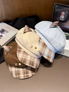 Joli béret à oreilles de chat à carreaux pour femme, casquette respirante automne printemps.