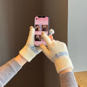 Guantes de felpa bonitos para mujeres invierno gruesos calientes tactiles lana ciclismo