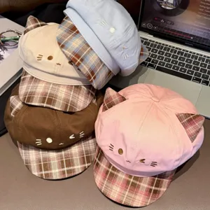 Bérets à carreaux oreilles de chat mignons pour femmes, casquette visière respirante et élégante.