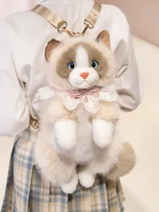 Zaino in peluche gatto ragdoll carino per ragazze, borsa a tracolla di animale realistico.