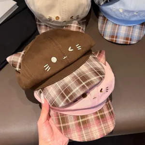 Beret a carreaux avec oreilles de chat pour femme, casquette mignonne, respirant automne.