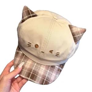 Casquette de baseball à carreaux avec oreilles de chat pour femme automne style mignon chapeau