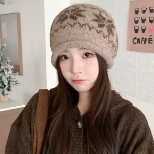 Women brown knit beanie winter warm slouchy jacquard hat retro casual thick fleece cap