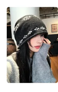 Bonnet en tricot confortable pour femmes, automne hiver rétro motif Fair Isle détail casquette.