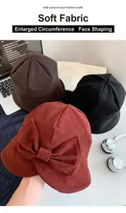 Cappello a secchiello in corduroy con fiocco da donna, cappello tesa larga, invernale.