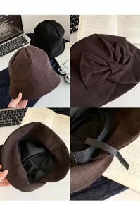 Cappello a secchiello in velluto a coste con fiocco da donna, cappello da sole regolabile.