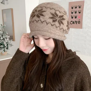Cozy knit beanie hat for women, winter warm wool cap with Nordic snowflake jacquard pattern.