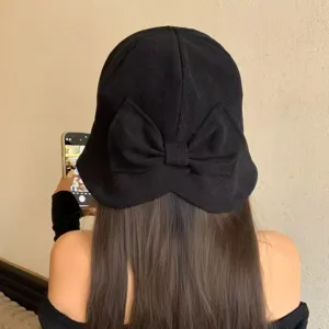 Cappello da pesca in velluto a coste nero da donna con grande fiocco, cappello invernale.