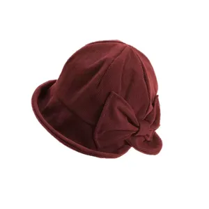 Cappello a secchiello in velluto a coste bordeaux con fiocco laterale chic, moda donna.