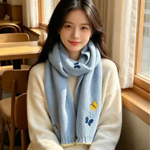 Women Winter Thickened Warm Knitted Scarf Cute Butterfly Embroidery Korean Style Long Scarf Casual Soft Neck Warmer