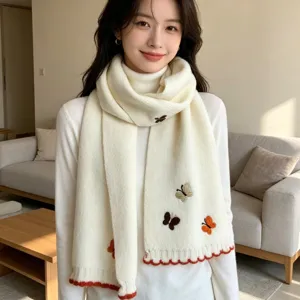 Korean style thick knitted wool winter scarf with cute butterfly embroidery for warm neck protection.