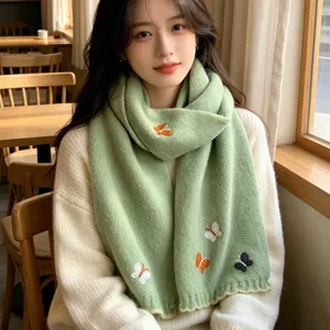 Green knitted scarf for women winter cozy thick warm neck wrap with cute butterfly embroidery