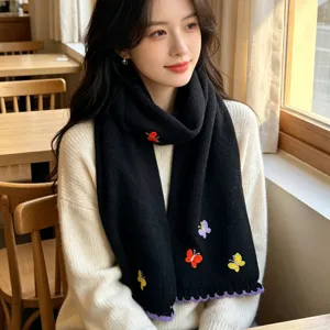 Women winter warm black knitted scarf featuring colorful butterfly embroidery and cozy design.