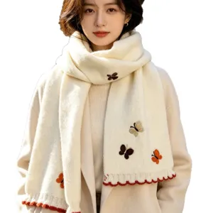 Korean style thick knitted wool winter scarf with cute butterfly embroidery for warm daily wear.