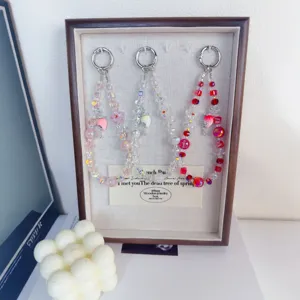 Ins Style Crystal Beaded Phone Lanyard Cute Strawberry Keychains Women Bag Charm Handbag Chain Decorative Jewelry