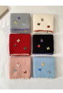 Women winter knit scarf with cute butterfly embroidery, soft warm woolen neck wrap, 6 colors.