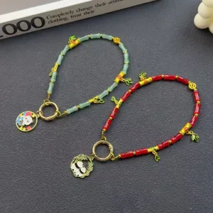 Chinese style cute panda phone charm creative bamboo beaded strap short bag pendant.