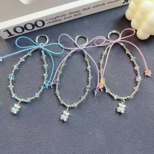 Cute Bow Bear Beaded Short Mobile Phone Lanyard Crystal Bead Wrist Strap Bag Charm Phone Chain Jewelry Gift