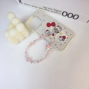 Ins style pink crystal beaded phone charm cute heart wrist strap aesthetic mobile accessories