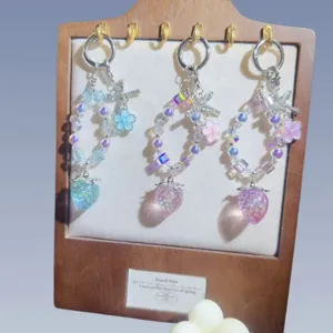 Crystal Strawberry Beaded Phone Chain Cute Flower Tassel Keychain Pendant Bag Charm Accessories For Women