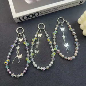 Colorful crystal beaded phone charm wrist strap with butterfly metal tassel for bag key.