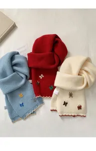 Cozy winter knitted scarf with cute butterfly embroidery and stylish color contrast design.