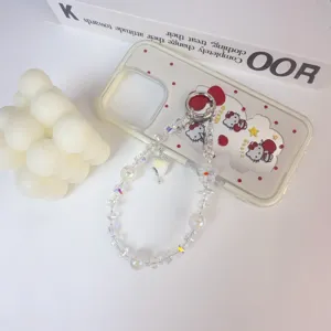 INS style crystal beaded phone strap with strawberry charm, elegant wrist chain detail.