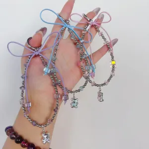Ins style bow bear beaded short phone strap crystal wrist chain for cute girls bag