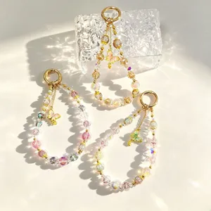 Light Luxury Beaded Phone Chain Crystal Glass Gold Foil Beads Alloy Butterfly Charm Cute Keychain Phone Strap Jewelry