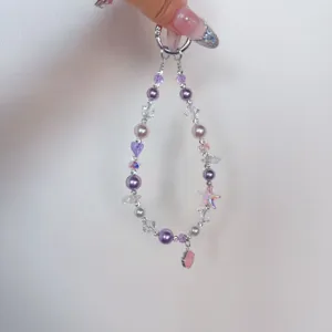 Beaded phone charm wrist strap with purple pearls crystals pink starfish and cute heart design