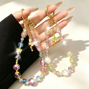 Beaded phone charm crystal butterfly keychain aesthetic gold foil charm strap accessory