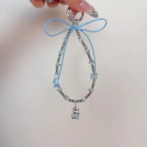 ins style bow bear beaded mobile phone short lanyard crystal wrist chain for girl bag charm