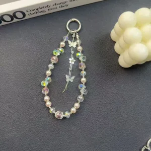 Crystal beaded phone strap with butterfly tassel, elegant handmade phone charm and bag accessory.