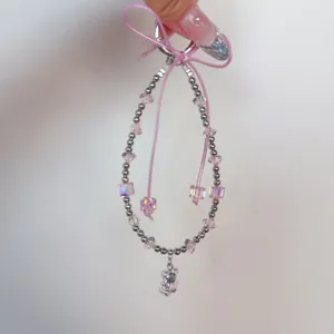 Cute Beaded Phone Charm with Bow and Bear Pendant Crystal Wrist Strap for Girls Bag