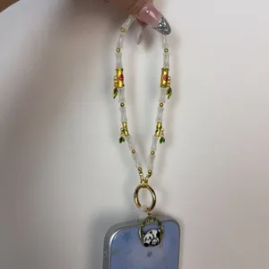 Cute Chinese style panda phone charm beaded bamboo wrist strap anti-lost phone pendant accessory