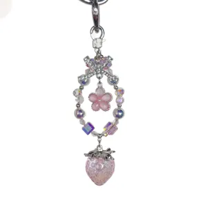 Crystal strawberry beaded keychain cute flower pendant girlish phone charm accessories