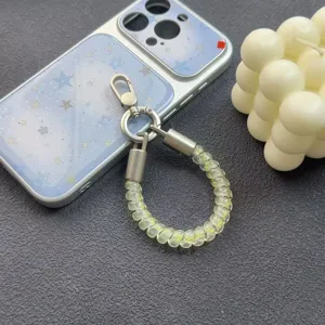 Short telephone wire phone chain charm, clear beaded lanyard keychain for phone, keys and bags.